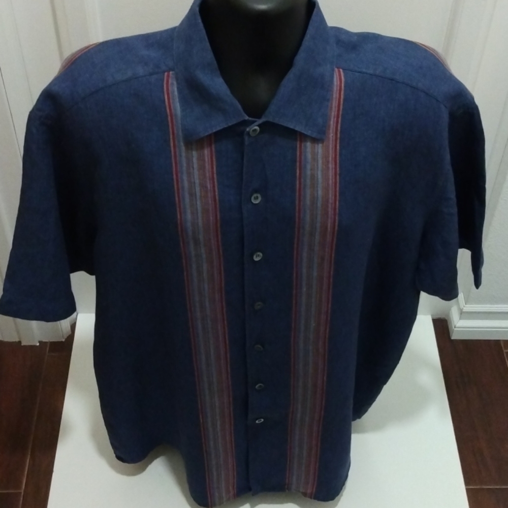 Classic Ermenegildo Zegna Striped Denim Short Sleeve Button Down Shirt Size XXL